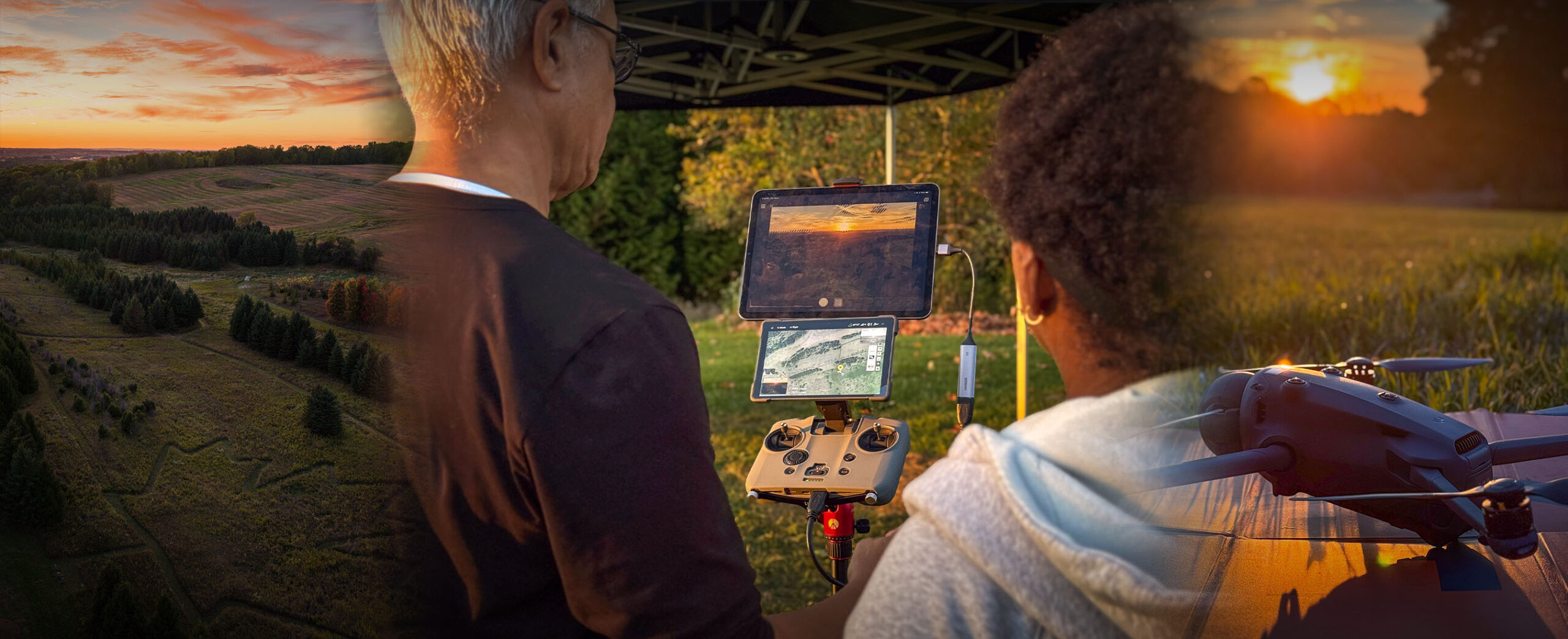 Two people beside a controller and displays, with a drone shown in AlteX promotional imagery